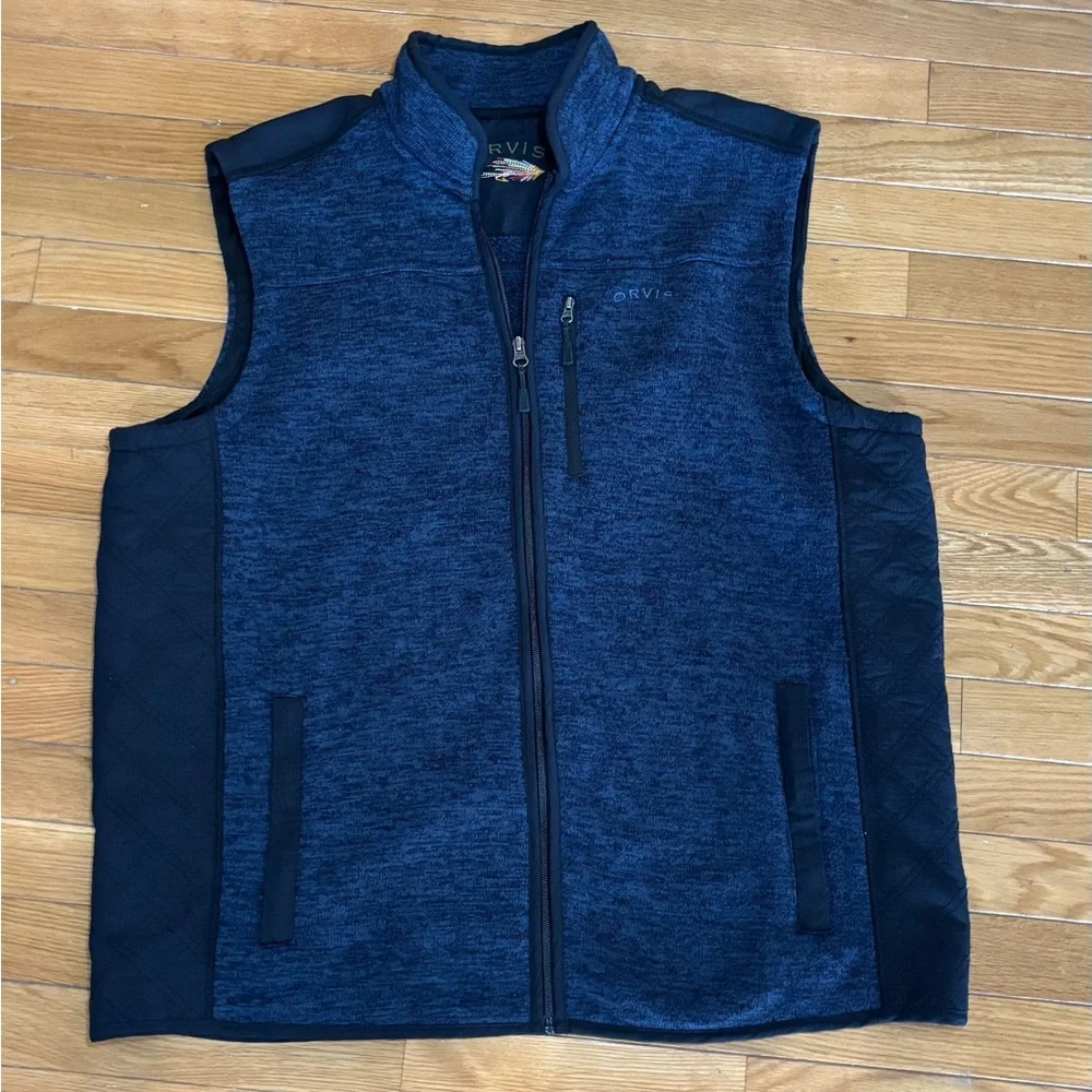 Orvis‎ Men's Blue Black Full Zip Vest XXL Zipped Pockets Mid-Length Casual